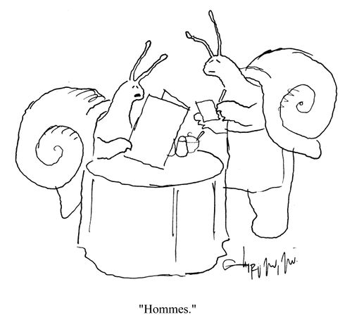 Snail orders 'hommes' in a restaurant.