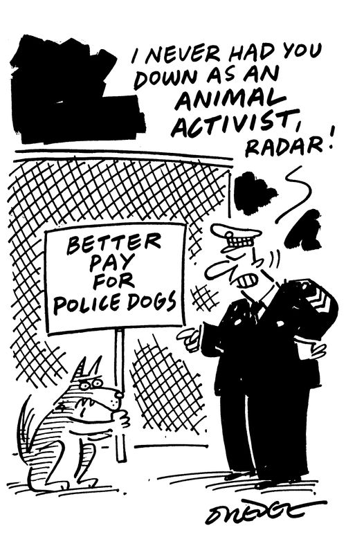 'I never had you down as an animal activist, Radar!' (dog is holiding sign that reads 'Better pay for police dogs').