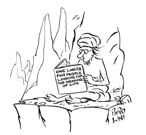 Wise man reading book called 'One liners for people looking for the meaning of life.'