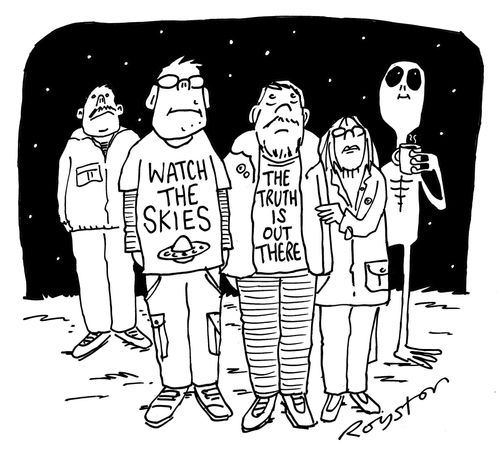 Watch the skies: UFO buffs all stare at the sky, yet alien is amongst them.