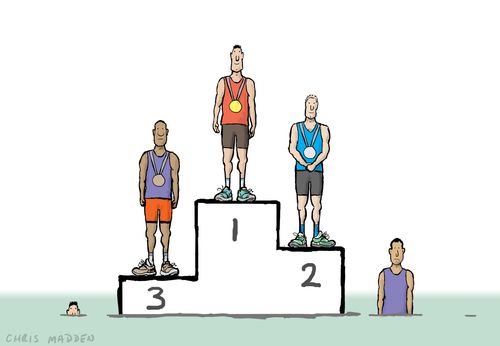Medal winners on the podium, with competitors in fourth, fifth, and sixth positions, disappearing into the ground.