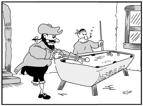 Pirate playing pool using his artificial leg as a pool stick.