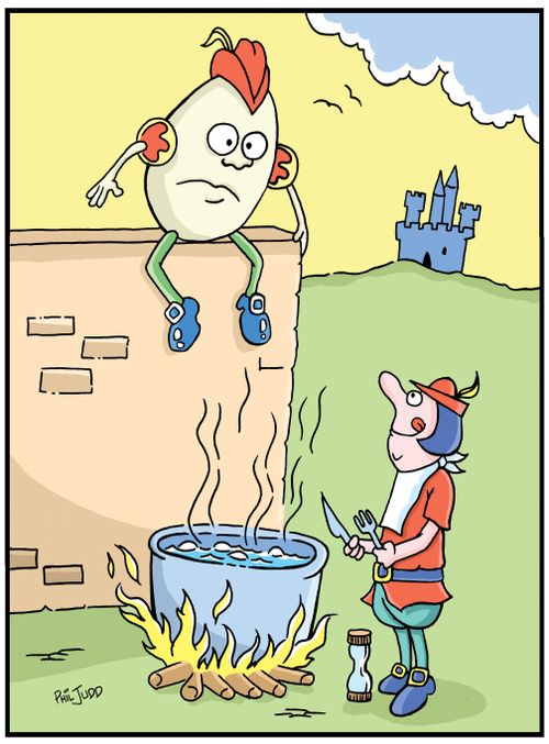 Humpty Dumpty is sitting on a wall. Below is a man with a boiling pot waiting for him to land in it. Man is licking is lips, he has napkin on and is holding a knife and fork.