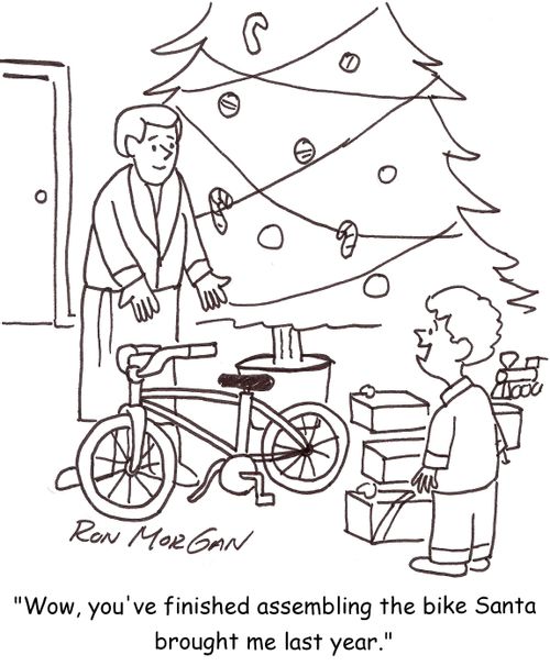 'Wow, you've finished assembling the bike Santa brought me last year.'