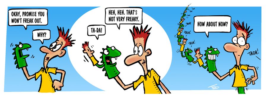 'Don't freak out...' Man and his puppet, who has a puppet of its own.