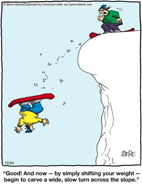 'Good! And now - by simply shifting your weight - begin to carve a wide, slow turn across the slope.'