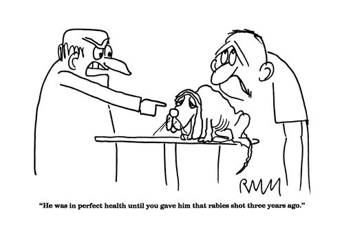 'He was in perfect health until you gave him that rabies shot three years ago.'