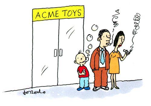 Smokers outside toy factory with boy blowing pipe bubbles.