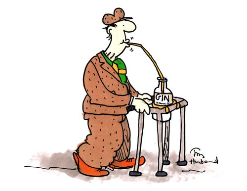 Old man with straw in gin.