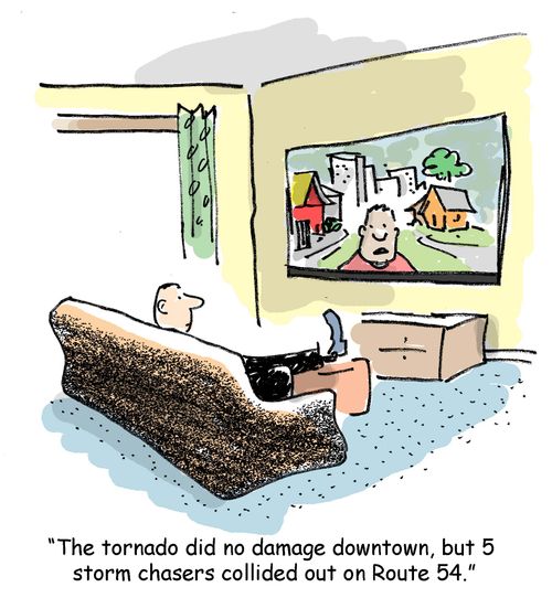 'The tornado did no damage downtown, but 5  storm chasers collided out on Route 54.'