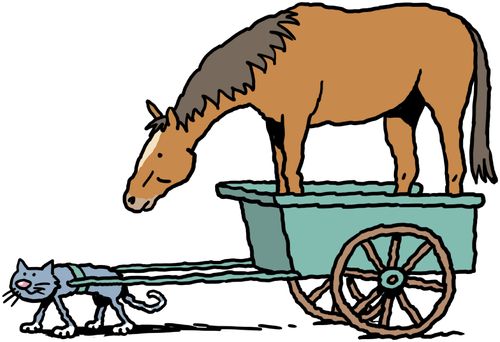 A cat pulling a horse in a cart.