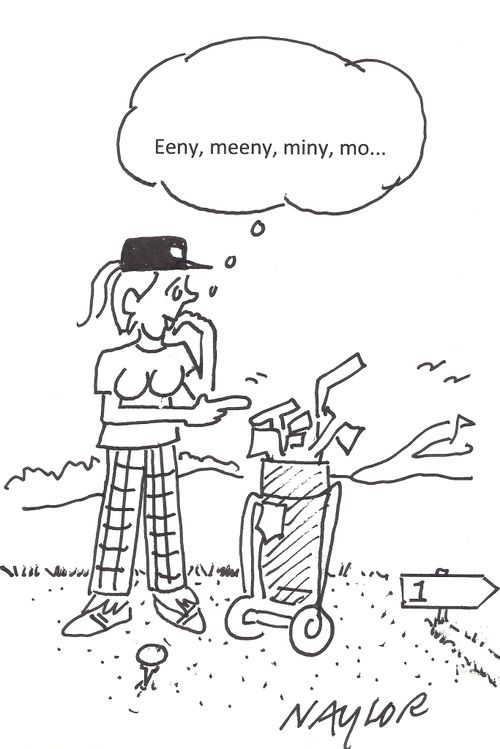 Golfer uses 'eeny, meeny, miny, mo' to decide which club to use.