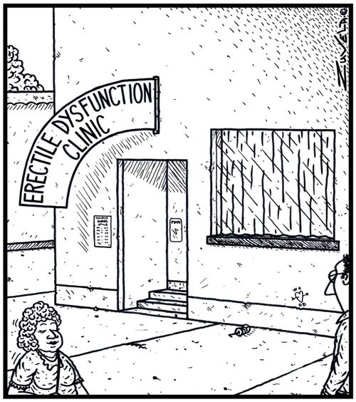 Erectile Dysfunction Clinic with a drooping sign.