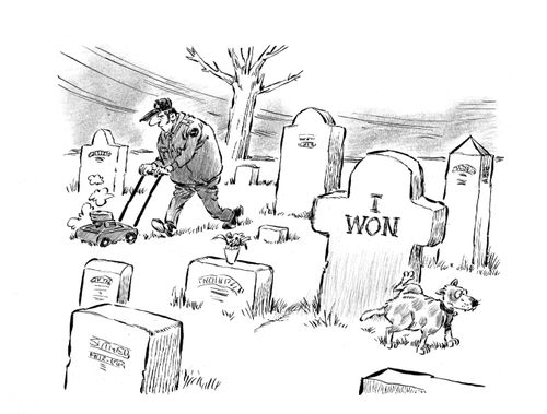 Dog urinating on a tombstone that says 'I WON'.