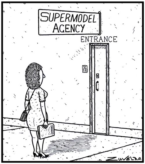 Supermodel Agency, Entrance - A normal size woman unable to enter a skinny doorway.