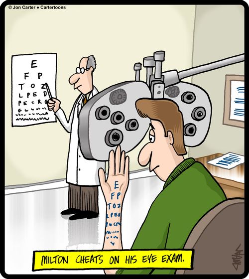 Milton cheats on his eye exam.