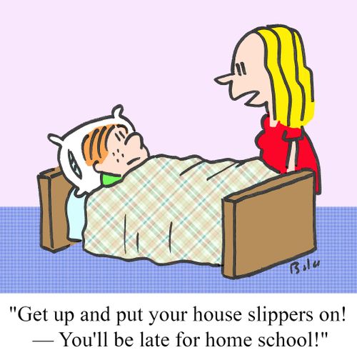 'Get up and put your house slippers on! - You'll be late for home school!'