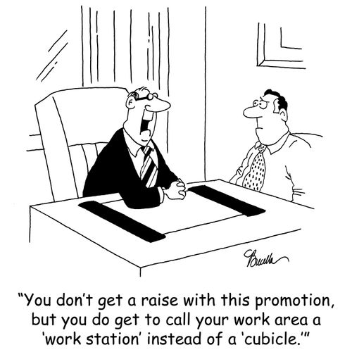 'You don't get a raise with this promotion, but you do get to call your work area a 'work station' instead of a 'cubicle.''