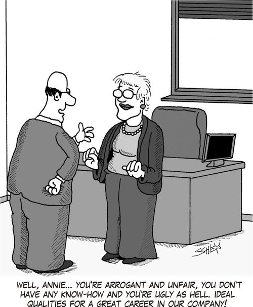 'Well, Annie... you're arrogant and unfair, you don't have any know-how and you're ugly as hell. Ideal qualities for a great career in our company!'
