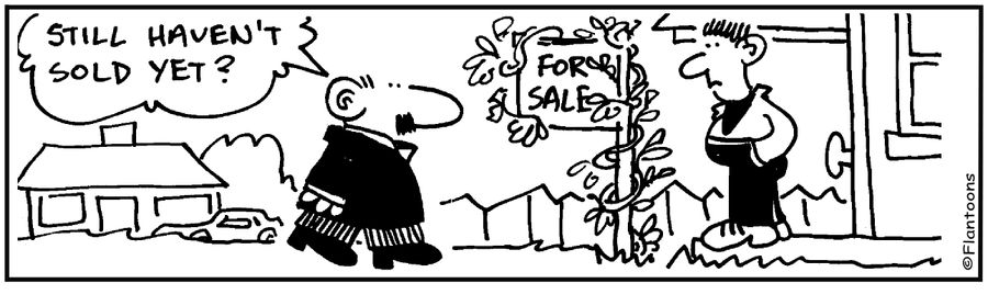 For Sale sign covered in ivy 'Still haven't sold yet.'