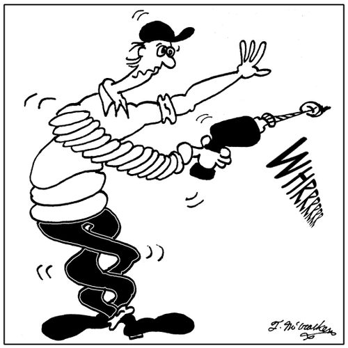 A man's whole body is twisted after using a power drill.
