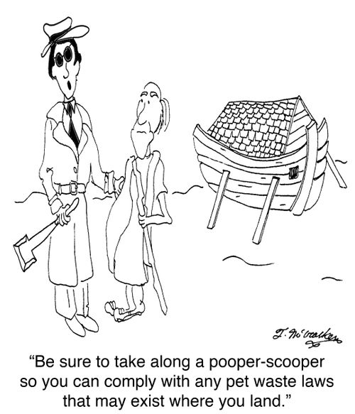 'Be sure to take along a pooper-scooper so you can comply with any pet waste laws that may exist where you land.'