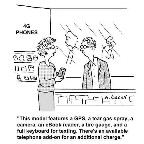 'This model features a GPS, a tear gas spray, a camera, an eBook reader, a tire gauge, and a full keyboard for texting. There's an available telephone add-on for an additional charge.'