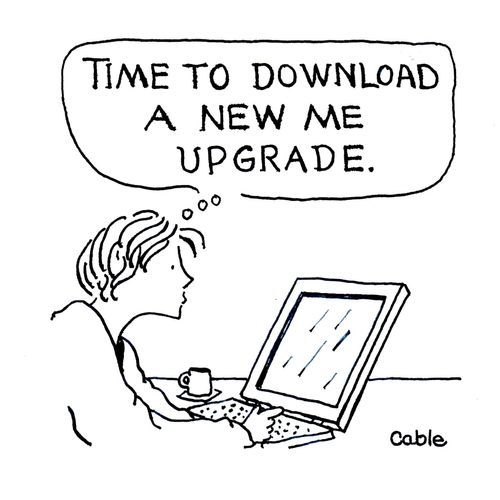 Woman at computer thinking 'Time to download a new me upgrade.'