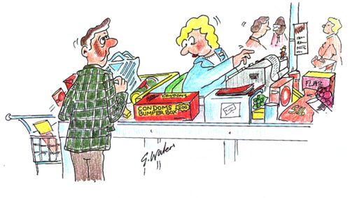 Bumper box of condoms at checkout.