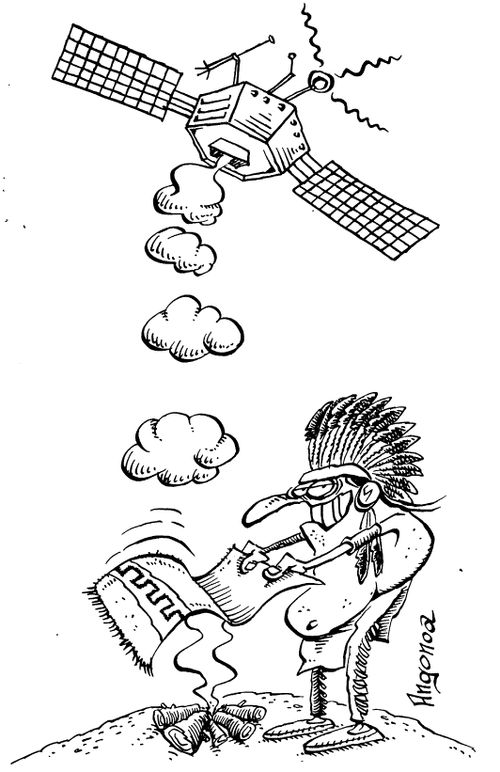 Satellite and an American indian commicate via smoke signals