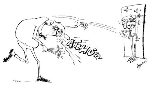 Knife thrower sneezing and hitting his apprentice