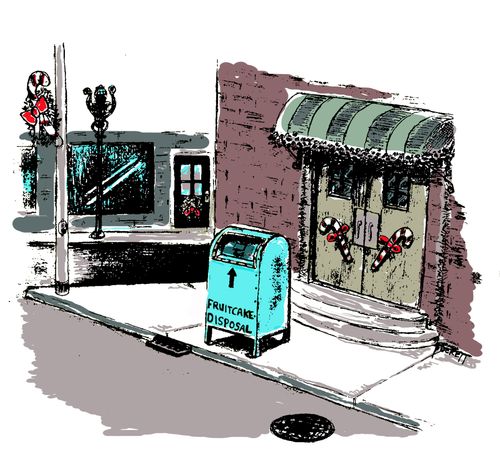 A 'fruitcake disposal' receptacle is set out during Christmas time . . .