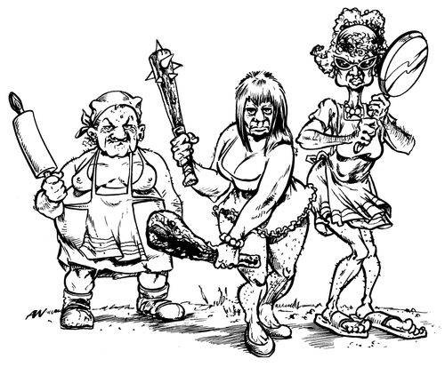 Mad ugly women with clubs and other weapons in hand.