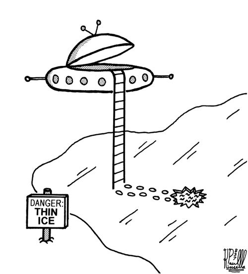 Danger: Thin Ice (alien space ship over frozen pond)