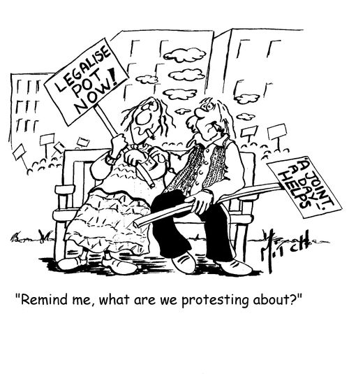 "Remind me, what are we protesting about?"
