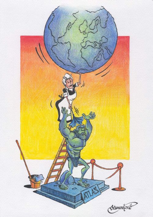 Cleaner lifting the globe from a statue of Atlas.