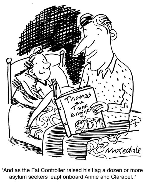 'And as the fat cotroller raised his flag a dozen or more asylum seekers leapt onboard Annie and Clarabel.'