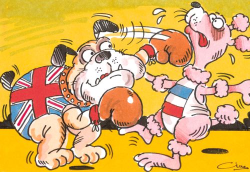 Boxing British bulldog beating up a French Poodle