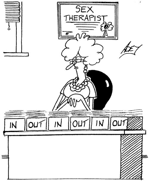 Sex Therapist office 'in' 'out' 'in' 'out' 'in'