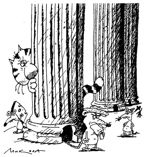 Cat eyes up a hard looking mouse from behind a pillar