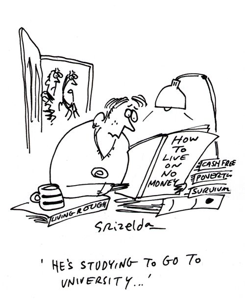 'He's studying to go to university' - Student reading book; 'HOW TO LIVE ON NO MONEY'