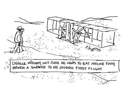 Orville Wright, not sure he wants to eat airline food, brings a sandwich to his historic first flight.