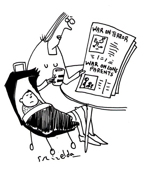 Mother reading paper: War on terror, War on lone parents.