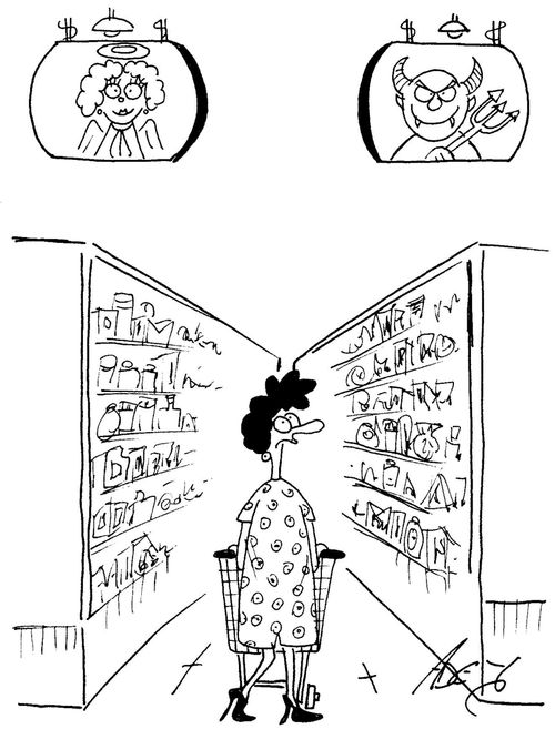 Lady in supermarket dilema between good food or bad.