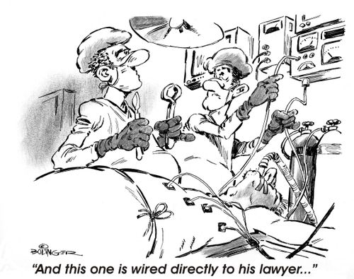 Operating room attendent explaining 'And this one is wired directly to his lawyer...'