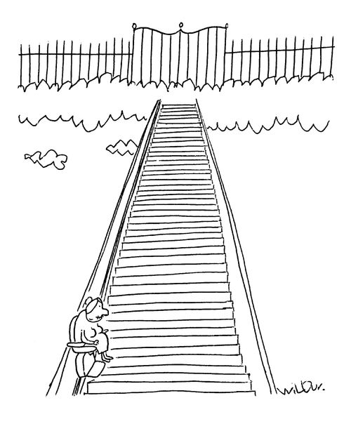 Old woman on a stair lift to Heaven