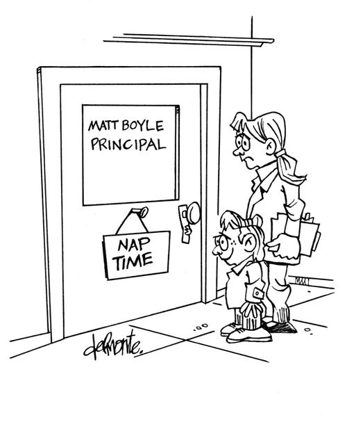 Mom and child visit principal who has a sign on the door - Nap Time.