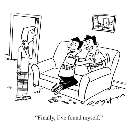 Man pulls identical man out from sofa, saying: 'Finally, I've found myself.'