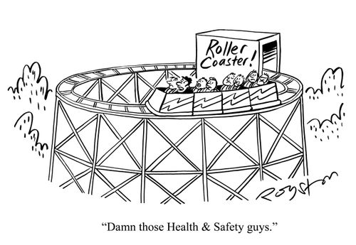Rollercoaster is horizontal circle. Man on the ride says: 'Damn those Health & Safety guys.'