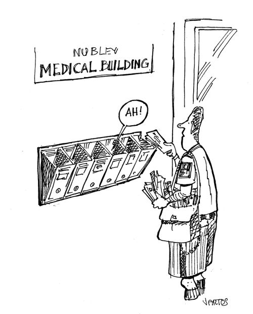 Postman Drops Off Post In Medical Building.